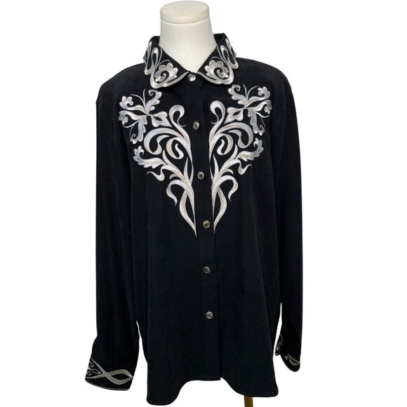 Bob Mackie Wearable Art Embroidered Black Button-Up Shirt L - Picture 1 of 6